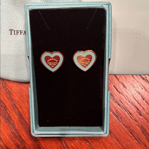 Tiffany & Co. Heart Stud Earrings in Robin's Egg Blue and Gold - Picture 2 of 3